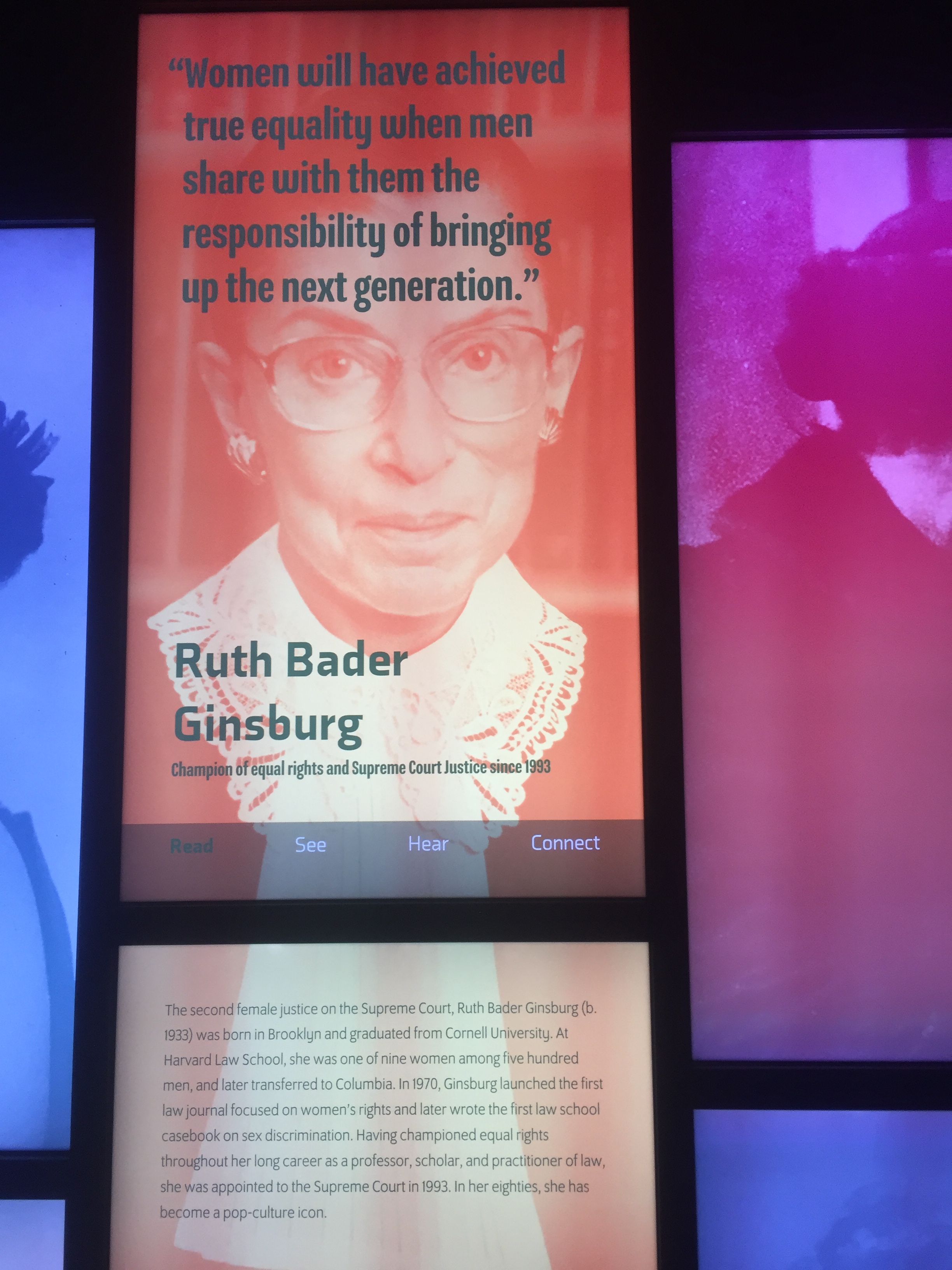 This is a picture and information screen about Ruth Bader Ginsburg at the New York Historical Society